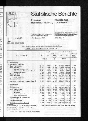 Steueraufkommen und Steuereinnahmen in Hamburg August 1973 und Januar bis August 1973 : Lfd. Nr. 8