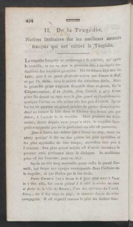 II. De la Tragédie. Notices littéraires sur les meilleurs auteurs francois qui ont cultivé la Tragédie