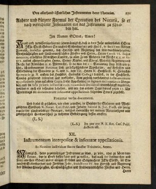 271-283, XII. Instrumentum interpositae & insinuatae appellationis. - XVI. Instrumentum super Depositione testium, oder über einiger Zeugen Aussage.