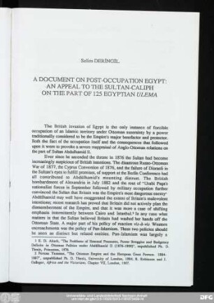 Selim Derıngıl A Document On Post-Occupation Egypt: An Appeal To The Sultan-Caliph On The Part Of 125 Egyptian Ulema