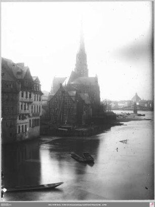 Sachsenhäuser Ufer und Dreikönigskirche bei Hochwasser von der alten Brücke aus