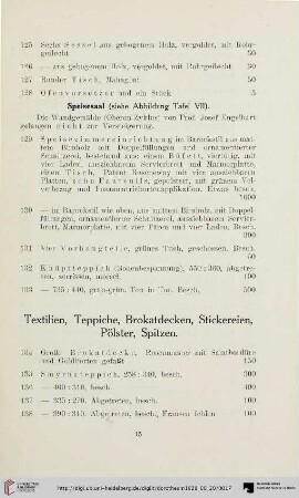 Textilien, Teppiche, Brokatdecken, Stickereien, Pölster, Spitzen (Nr. 134-159)
