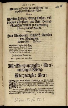 Allerunterthänigste Klag-Schrifft mit angeführter Rechtlicher Bitte/ ...
