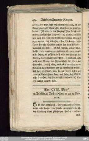 Der CVIII. Brief an Dieselbe, zu Rochers, Sontag den 29. Nov. 1671.