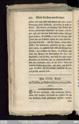 Der CVIII. Brief an Dieselbe, zu Rochers, Sontag den 29. Nov. 1671.