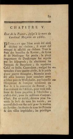 Chapitre V. État de la France, jusqu'à la mort du Cardinal Mazarin en 1661