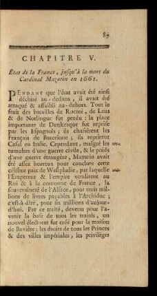 Chapitre V. État de la France, jusqu'à la mort du Cardinal Mazarin en 1661