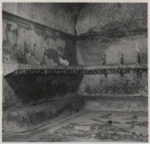 Herculaneum, terme femminili, Apodyterion mit charakteritischen Konsolen, geriffelter Stuckdecke und Mosaikfußboden (Triton mit Polypen, Muränen usw.)