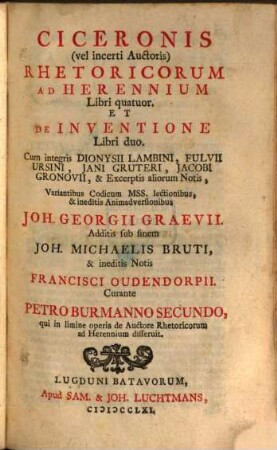 Ciceronis (vel incerti Auctoris) Rhetoricorum Ad Herennium Libri quatuor. Et De Inventione Libri duo