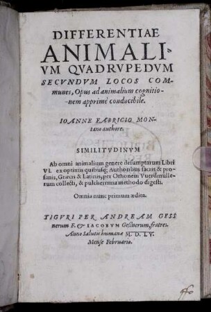 Differentiae animalium quadrupedum secundum locos communes, opus ad animalium cognitionem apprime conducibile