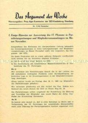 Informationsblatt der SED-Kreisleitung Eisenberg zum 17. Plenum des ZK
