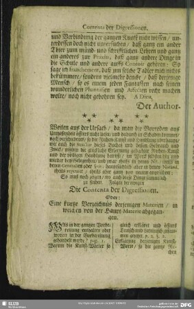 Die Contenta der Digressionen. Oder: Eine kurtze Verzeichnüs derjenigen Materen, in welchen von der Haupt-Materia abgegangen