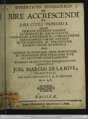 Dissertatio Inauguralis De Iure Accrescendi Ex Iure Civili Depromta