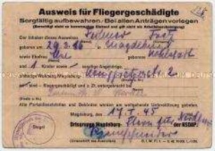 Ausweis für die Unterbringung eines "Fliegergeschädigten"
