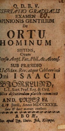 Diss. grad. examen opinionis gentilium de ortu hominum sistens