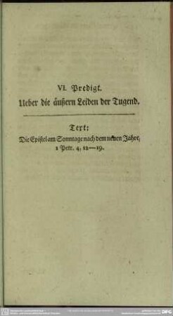 VI. Predigt. Ueber die äußern Leiden der Tugend