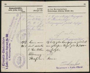 Militärpaß von Max Hermann Angermann : Militärpass, aufgeschlagen, Seite 10 und 11, von Grenadier Max Hermann Angermann (1. Ersatz-Bataillon, 1. (Leib-) Grenadier-Regiment No 100, 1. Kompanie), ausgestellt am 5. Februar 1916, Dippoldiswalde. Dresden: SLUB Mscr.Dresd.Aut.3079