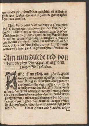 Ain mündliche red von dem obersten Burggraven auff dem Prager Sloß geschehen.