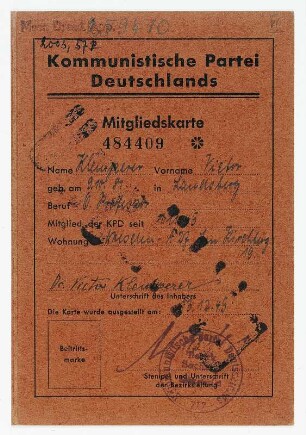 Mitgliedskarte Nr. 484409 der Kommunistischen Partei Deutschlands für Victor Klemperer, ausgestellt am 13.12.1945. Vorderseite mit Stempelaufdruck "ungültig"