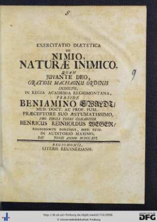 Ecxercitatio Diaetetica De Nimio Naturae Inimico