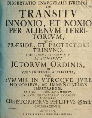 Dissertatio inauguralis iuridica de transitu innoxio et noxio per alienum territorium