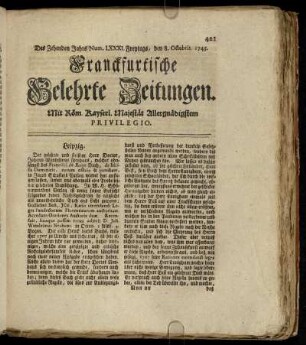 Num. LXXXI. Freytags, den 8. Octobris 1745 - Num. XC. Dienstags, den 9. Novemb. 1745
