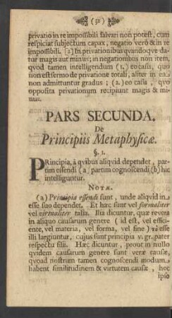 Pars Secunda. De Principiis Metaphysicae