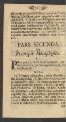 Pars Secunda. De Principiis Metaphysicae