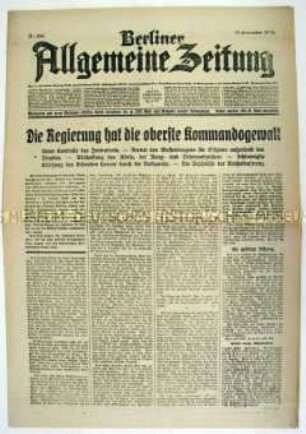 Tageszeitung "Berliner Allgemeine Zeitung" u.a. zu den Beschlüssen des Reichskongresses der Arbeiter- und Soldatenräte