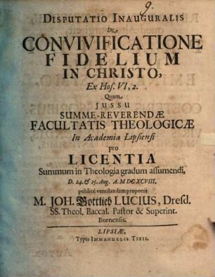 Disp. inaug. de convificatione fidelium in Christo, ex Hos. VI, 2.