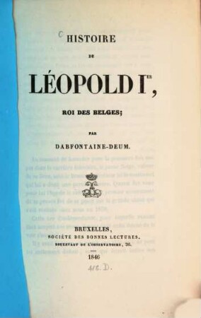 Histoire de Leopold I, Roi des Belges