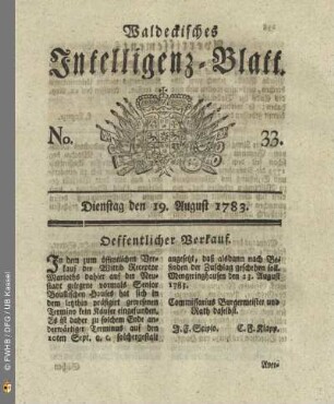 No. 33, Dienstag den 19. August 1783
