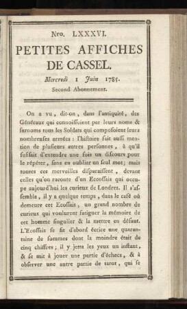 No LXXXVI (Mercredi I Juin 1785)