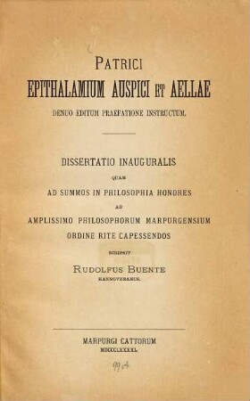Patrici Epithalamium auspici et Aellae denuo editum praefatione instructum