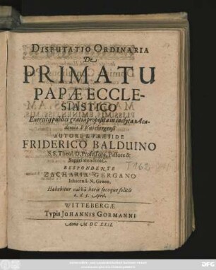 Disputatio Ordinaria De Primatu Papae Ecclesiastico