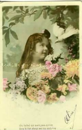 Mädchen mit Blumen und Taube