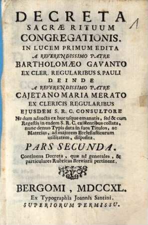Decreta Sacrae Rituum Congregationis, 2. Continens Decreta, quae ad generales, & particulares Rubricas Breviarii pertinent