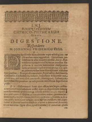 Dissertationum Chymico-Physicarum Octava De Digestione.