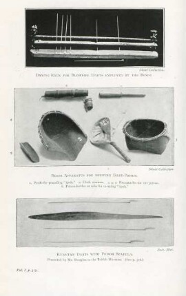 Drying-rack for blowpipie ... Besis apparatus for brewing dart-poison. Kuantan darts with poison spatula