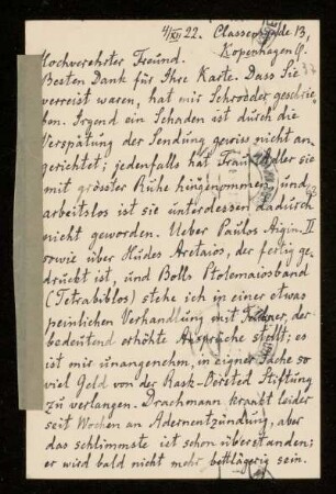 Nr. 37. Postkarte von Johan L. Heiberg an Ulrich von Wilamowitz-Moellendorff. Kopenhagen, 4.12.1922