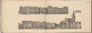 Zwei Darstellungen des Aufzuges der sieben Planeten und des Nimrod entlang der Moritzstraße (Moritzgasse) und der Kreuzgasse (Kreuzstraße) mit Kreuzkirche, Reproduktion des Kupferstiches aus Gabriel Tzschimmers "Die Durchlauchtigste Zusammenkunft [...] " von 1678
