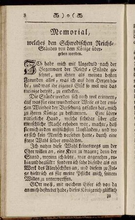 Memorial welches den Schwedischen Reichs-Ständen von dem Könige übergeben worden.