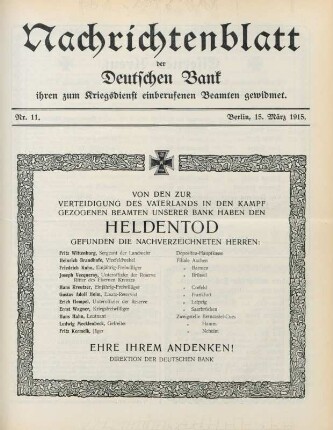 11.1915: Nachrichtenblatt der Deutschen Bank