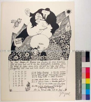 Kalenderblatt vom Mai des Zingerls Bairischer Weiberl & Maderl Kalenders mit Karikatur auf die Finanzpolitik in Bayern