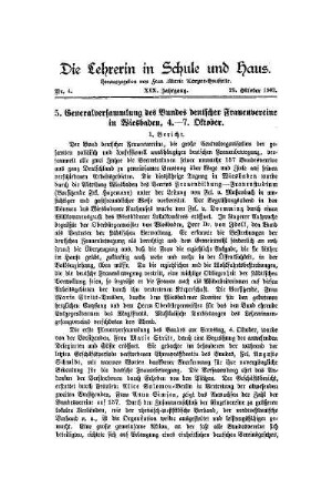 5. Generalversammlung des Bundes deutscher Frauenvereine in Wiesbaden, 4.-7. Oktober : 1. Bericht