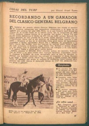 Recordando a un ganador del clásico General Belgrano : Cosas del turf