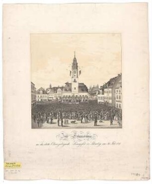Ansicht vom dritten Obererzgebirgische Gesangsfest in Schneeberg, Lithographie, nach 1846 : Zur Erinnerung an das dritte Obererzgebirgische Gesangsfest in Schneeberg am 30. Juli 1846. - Meissen : Goedsche & Steinmetz , [nach 1846]. - 1 Ansicht auf 1 Kunstbl. : Lithogr. ; 28 x 29 cm