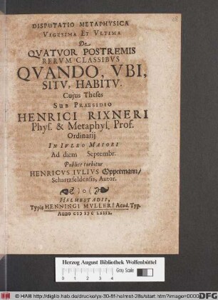 Disputatio Metaphysica Vigesima Et Ultima De Quatuor Postremis Rerum Classibus Quando, Ubi, Situ, Habitu