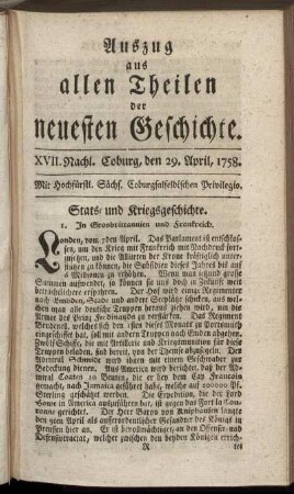 XVII. Nachl. Coburg, den 29. April, 1758.