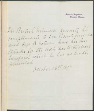 [Carta de agradecimiento a Vicente Quesada en inglés, Buenos Aires, 16 de octubre de 1877] : British Legation, Bunos Aires.